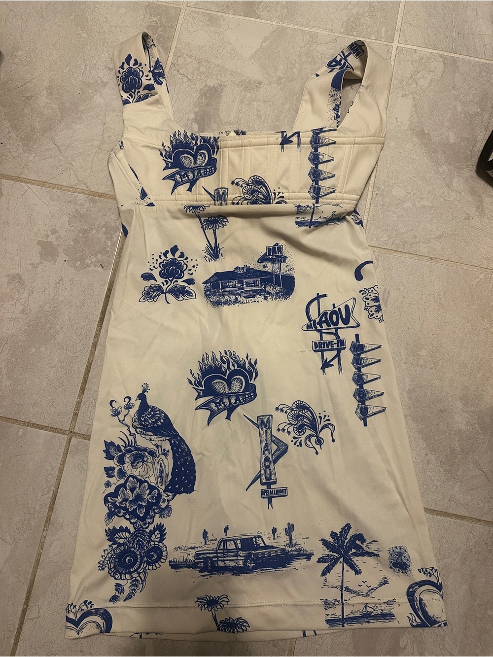 NEW Miaou Cream Mini Dress with Blue Scenic Print